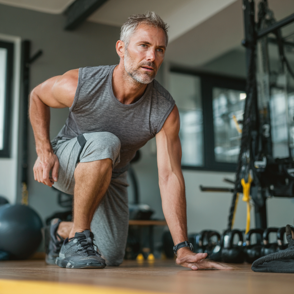 Smiling elderly European man holding healthy food ingredients and looking energetic