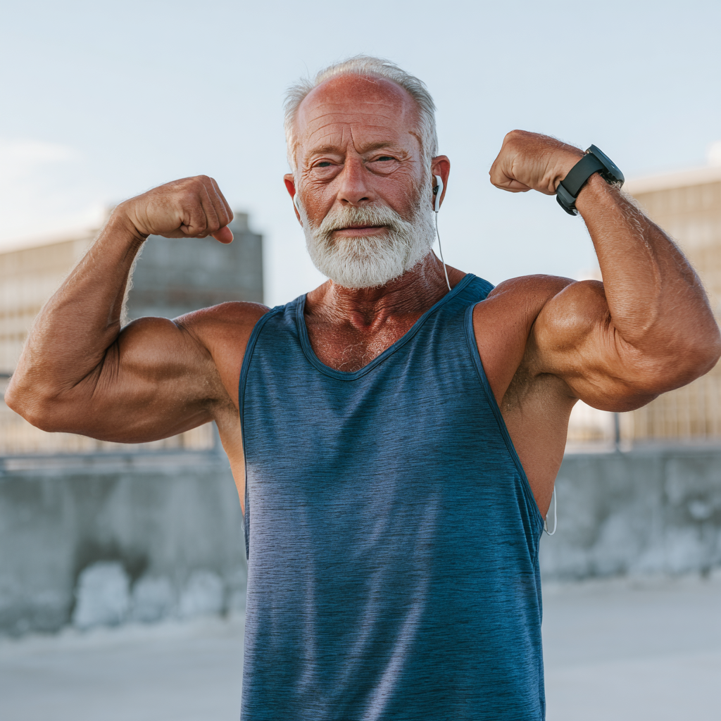 Happy elderly European man preparing healthy meal with fresh vegetables and smiling confidently
